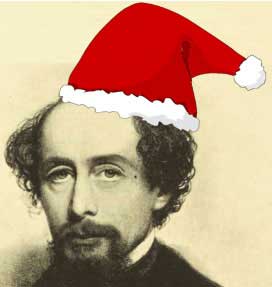 An image of Charles Dickens in a Santa hat.