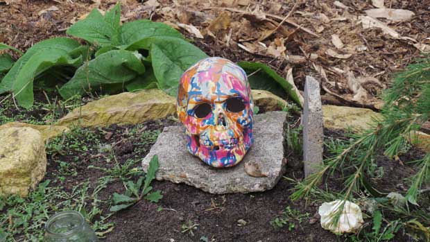 A painted skull in the crossbones graveyard.