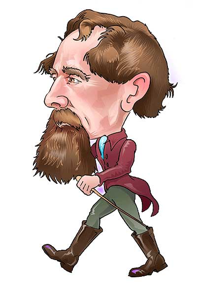 A cartoon showing Charles Dickens walking.