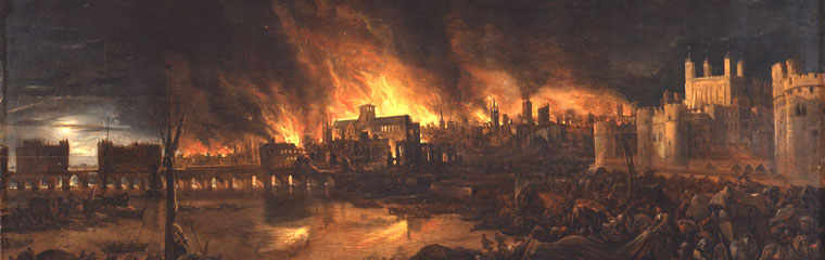 An image showing the Great Fire of London destroying old St Paul's Cathedral.