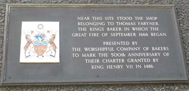 The plaque in Pudding Lane marking where the Great Fire began.