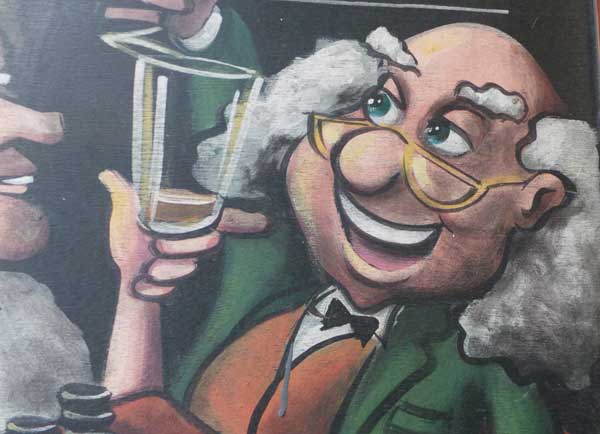 A cartoon of a man with white hair drinking a beer.