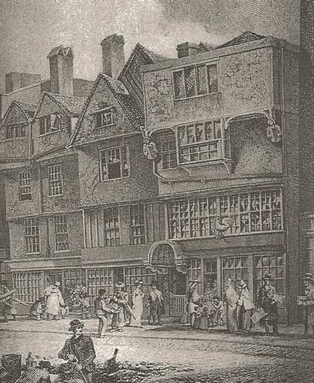 A black and white illustration of the old houses before the Great Fire.