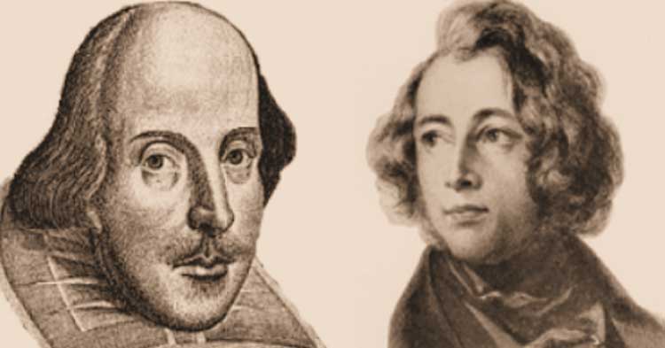 Portraits of Charles Dickens and William Shakespeare.