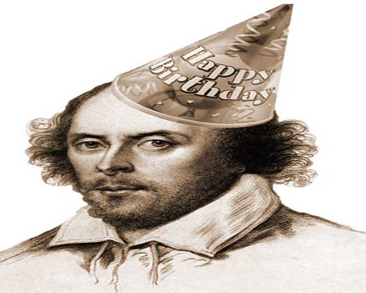 A portrait of William Shakespeare in a hat that has Happy Birthday written on it.