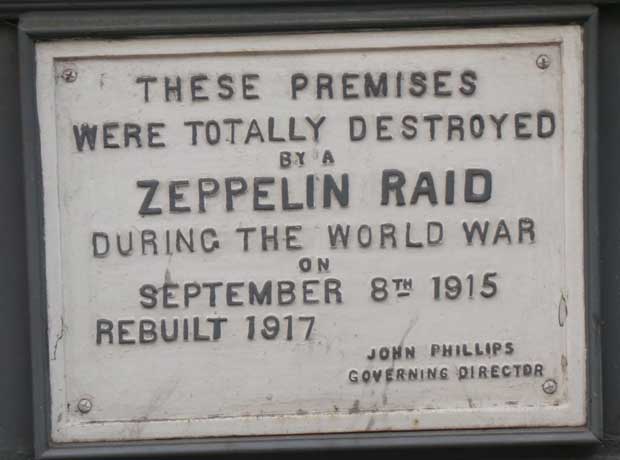 The plaque on a building destoryd by the Zeppelin bomb.