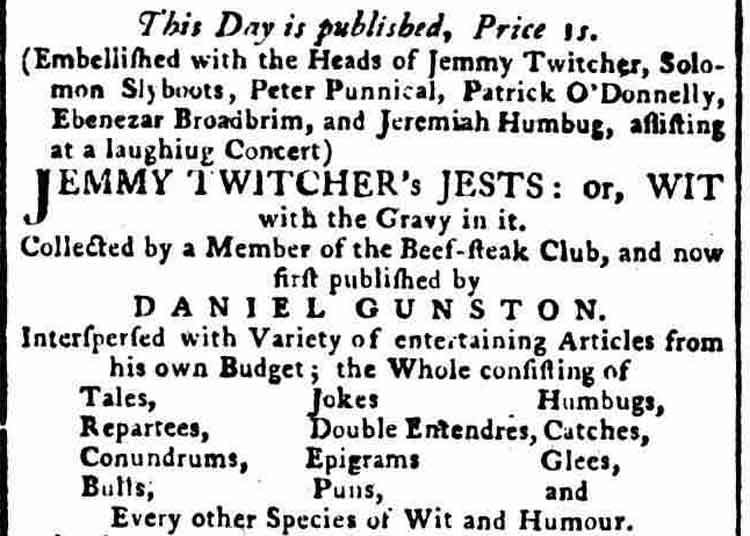 The advert for Jemmy Twitchers Jests.