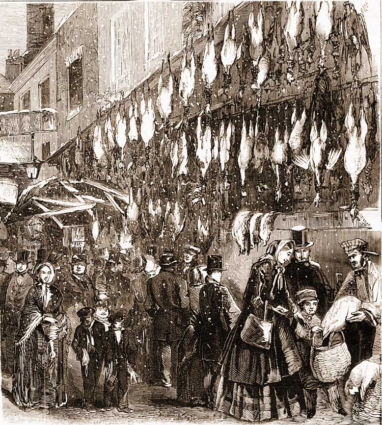 A sketch of people shopping in Leadenhall Market on Christmas Eve 1856.