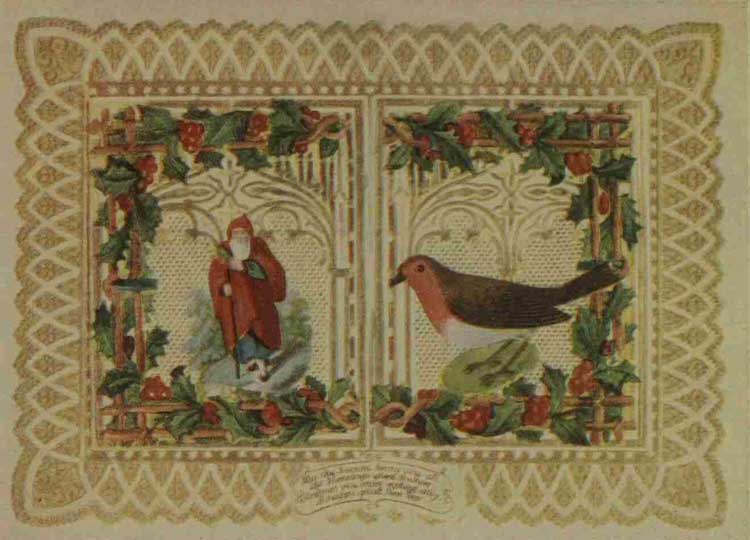 A card showing santa on one panel and a robin on the other.