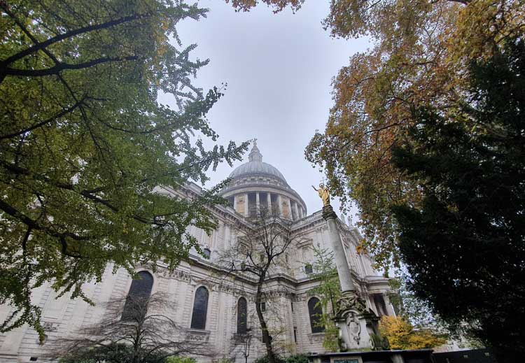 Looking up at the Cathedral across St Paul's Churchyard.