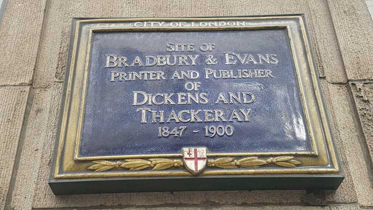 The blue plaque marking the site of Bradbury and Evans.