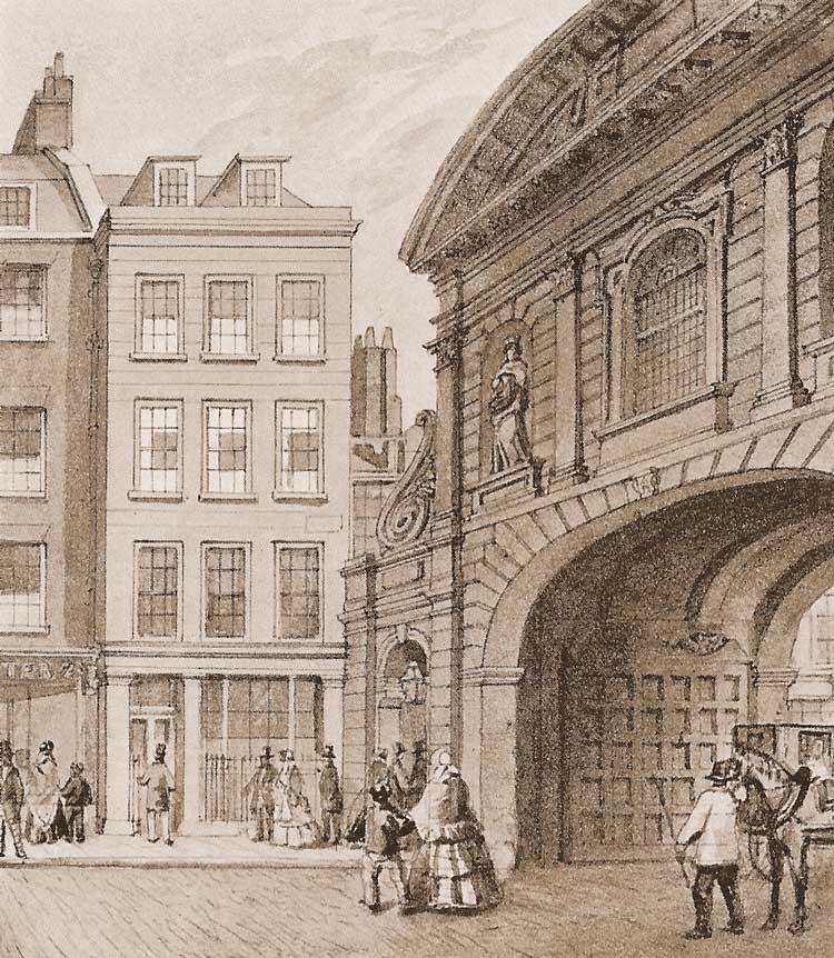 An illustration showing Child's Bank with Temple Bar in the foreground.