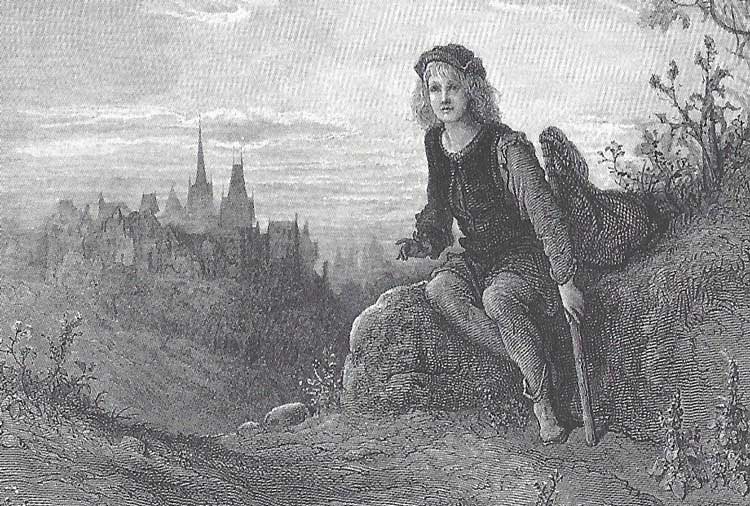 An illustration showing Dick Whittington sitting on Highgate Hill.