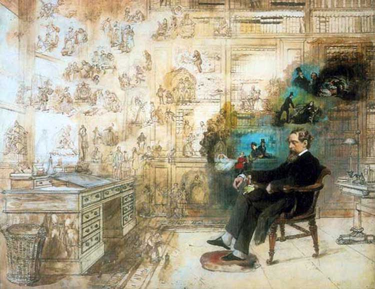 Dickens siting in his chair surrounded by his characters.