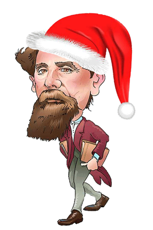 A caricature of Dickens weraing a Santa hat.