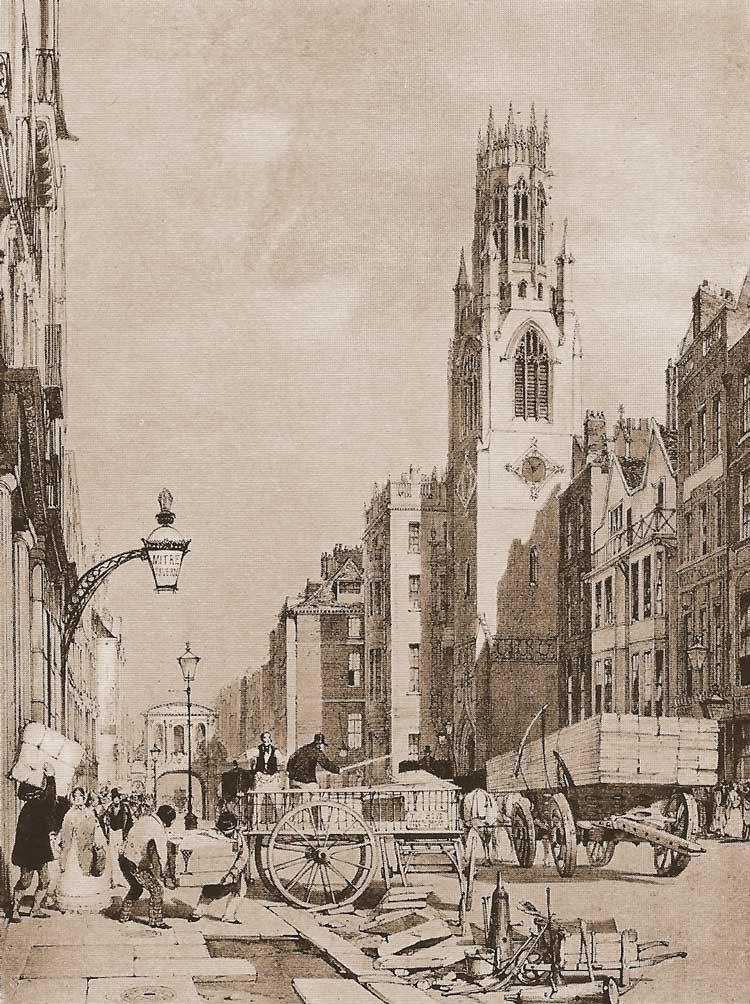 An illustration showing Fleet Street as it was in Dickens day.