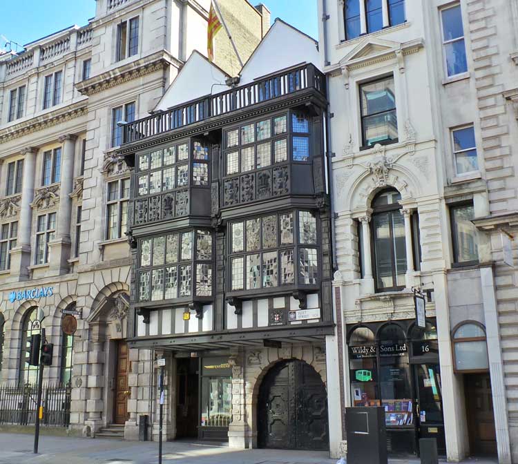 The black and white timbered exterior of Prince Henry's Room on Fleet Street.