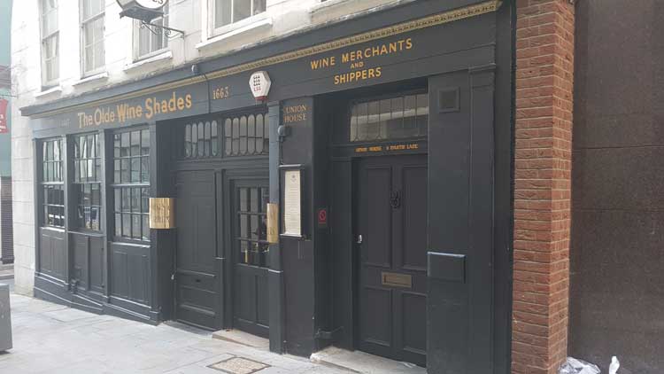 The exterior of The Olde Wine Shades in the City of London.