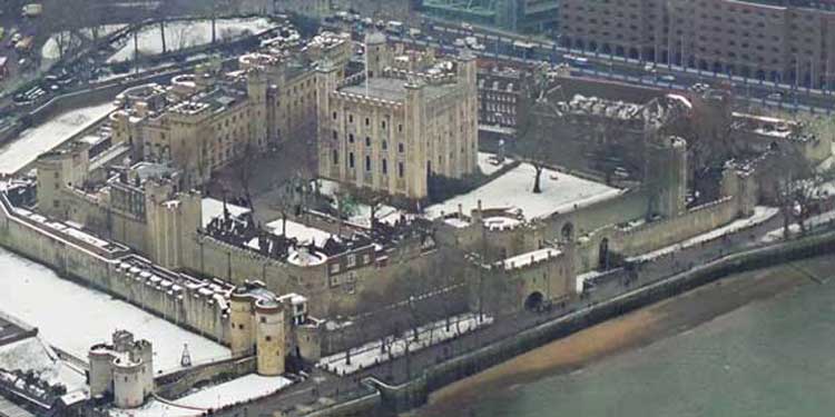 A view looking down on the Tower of London.