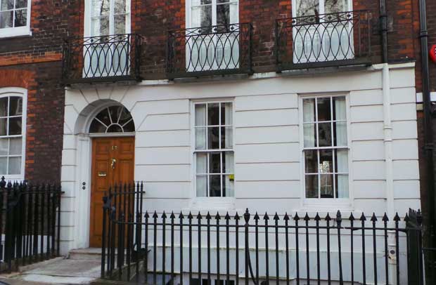 The exterior of 17 Church Row, former home of H. G. Wells.