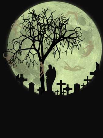 A dark ghostly churchyard.