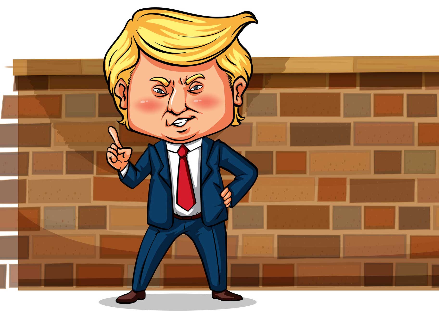 A cartoon Donald Trump standing in front of a wall.