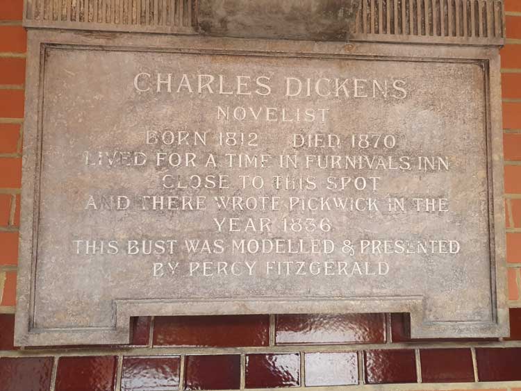 The plaque to Charles Dickens in Furnivals Inn.