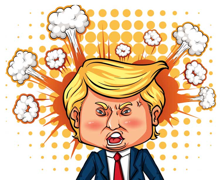 A cartoon of Donald Trump with steam coming out of his ears.