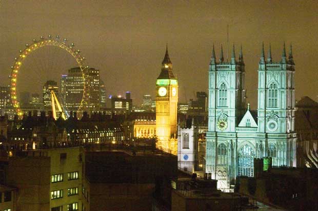 A view of Westminster Abbey by night.