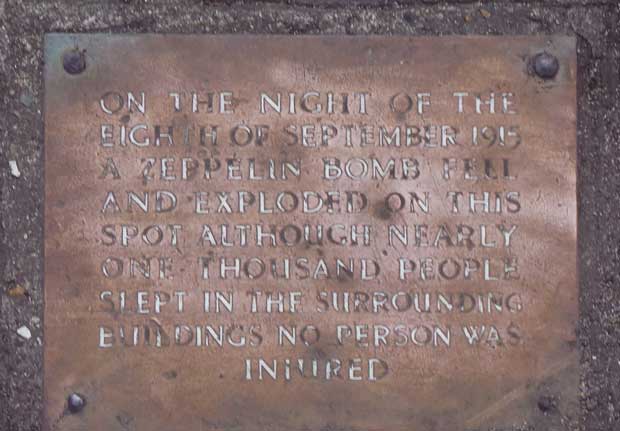 The plaque in Queen's Square that marks the spot where the Zeppelin bomb exploded.