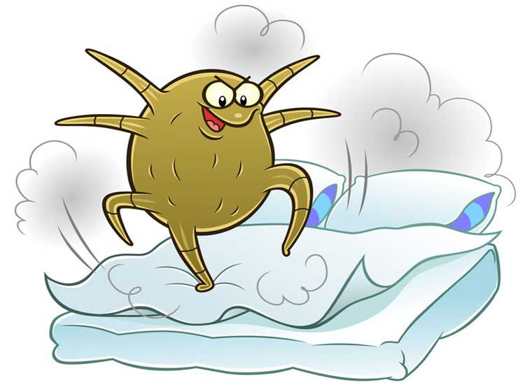 A cartoon dust mite dancing on a pillow.