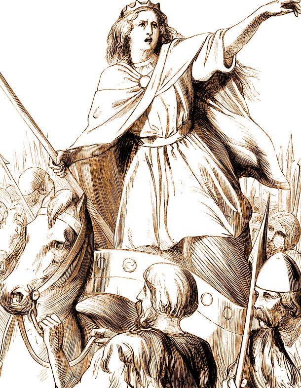 An illustration from the 18th century showing Queen Boudicca preparing for battle.
