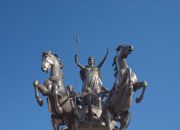 The statue of Queen Boudicca in her chariot.