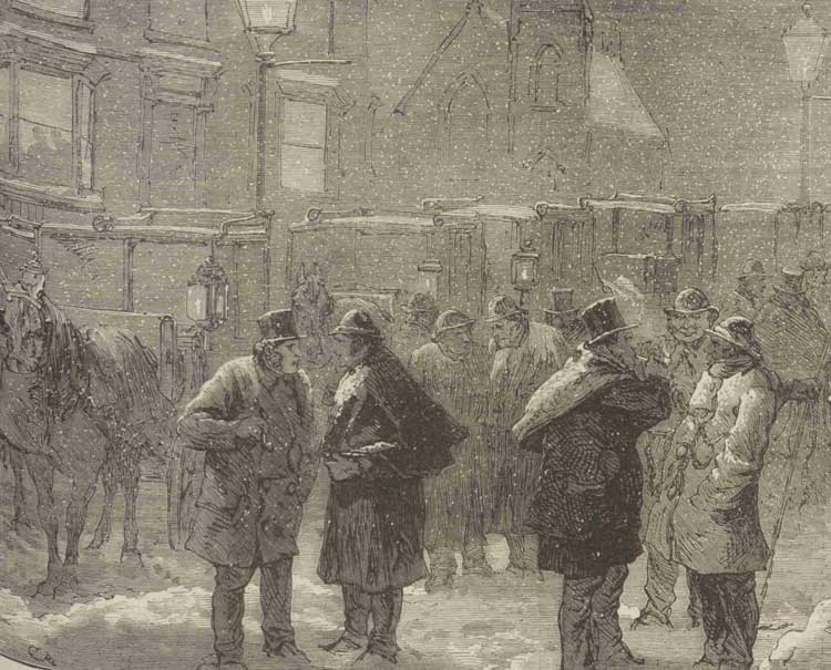 A sketch showing a group of cabmen at a cabstand in the snow.