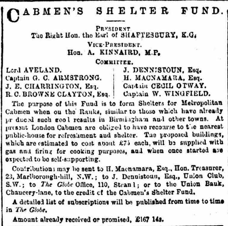 The advert for the Cabmen's Shelter Fund.