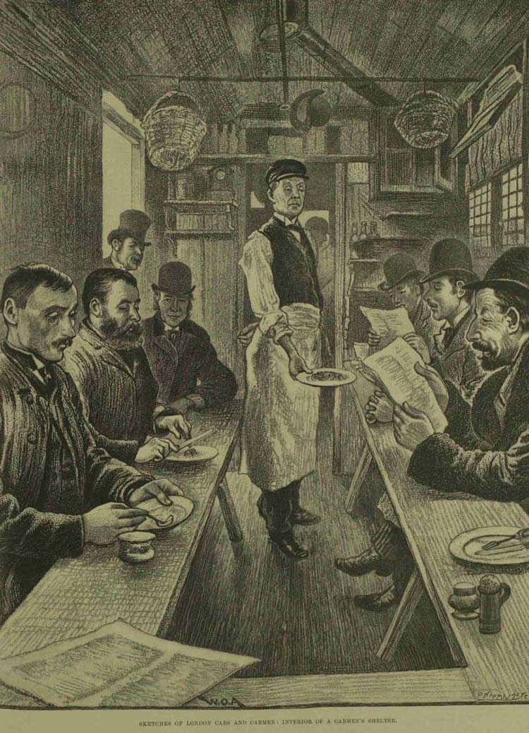 An illustration showing the inside of a Cabmen's Shelter.