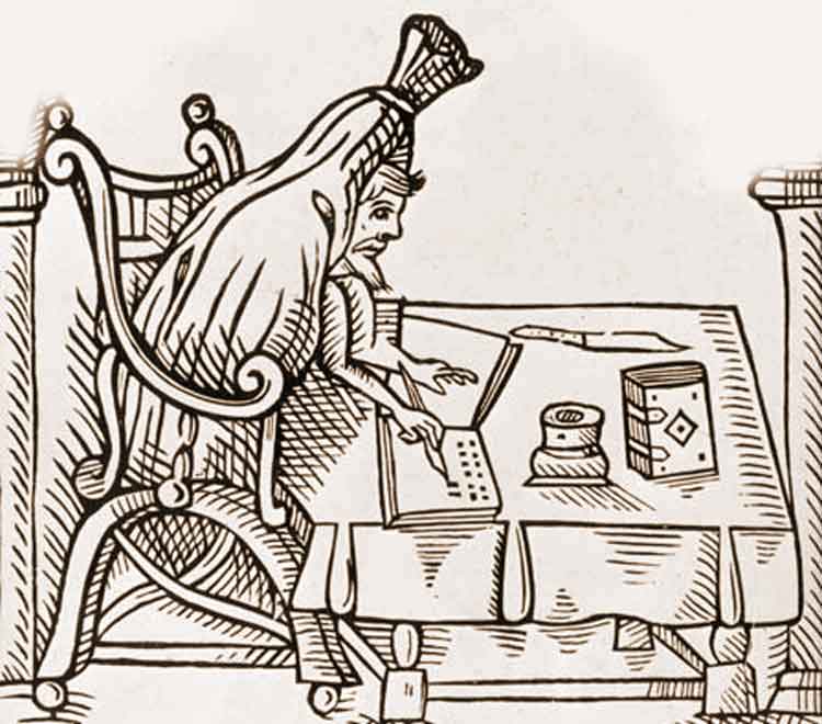 An illustration of Robert Greene at his writing desk.