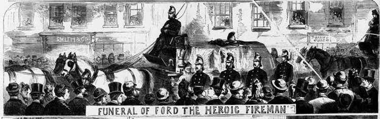An illustration showing the funeral procession of fireman Joseph Ford..
