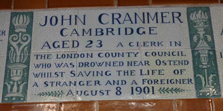 The Memorial plaque to John Cranmer Cambridge.