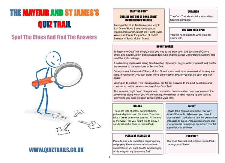 The front cover of the Mayfair to St James Quiz Trail.
