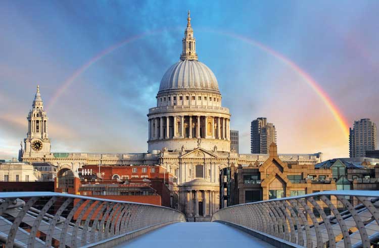 St Paul's Cathedral with a rainbow over it.