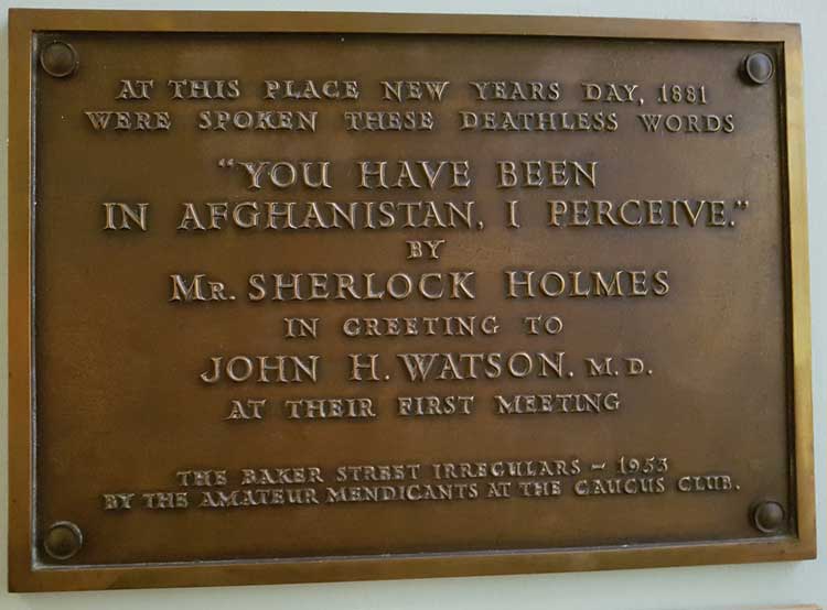 The plaque remembering the meeting of Holmes and Watson.