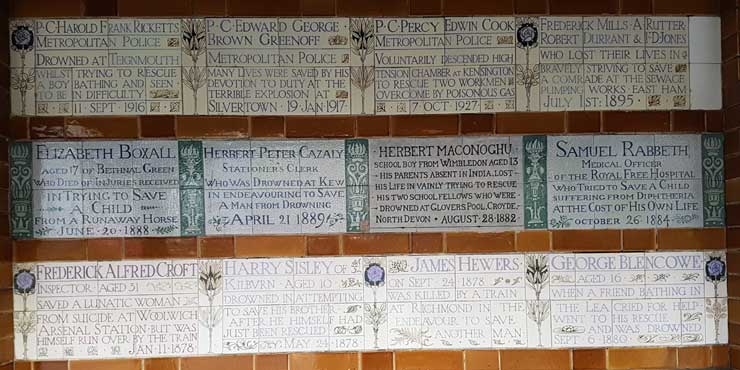 Some of the memorials that adorn the wall in Postman's Park..