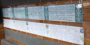 Some of the memorials to heroice self sacrifice in Postman's Park, London.