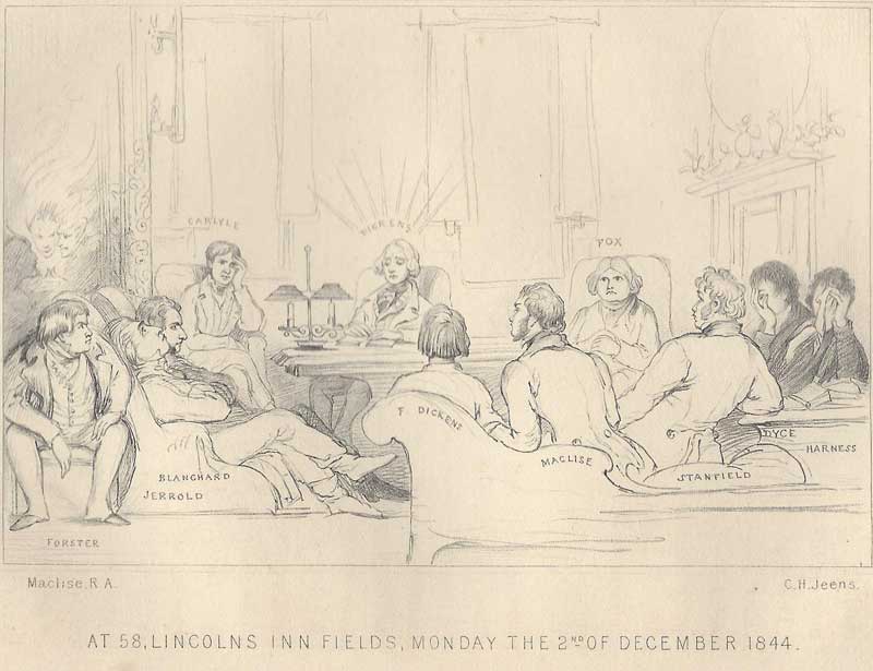 The Daniel Maclise sketch of Dickens reading from The Chimes.