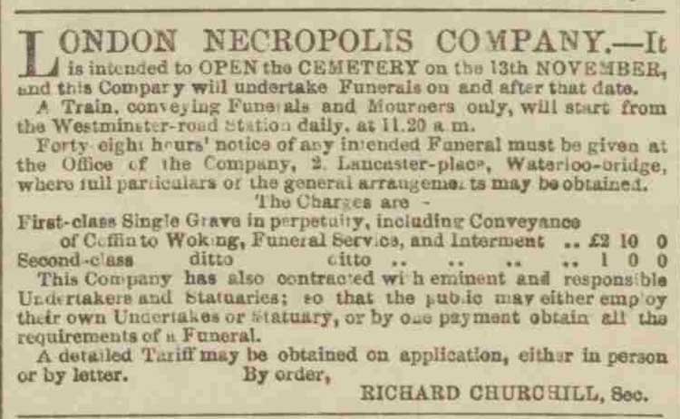 An advert announing the opening of Brookwood Cemetery.