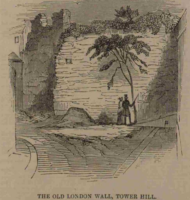 A Victorian illustration showing the old wall on Tower Hill.