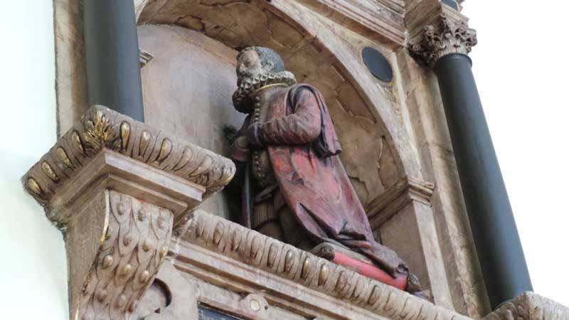 The memorial to Robert Balthrope on the wall inside the church of St Bartholomew the less.