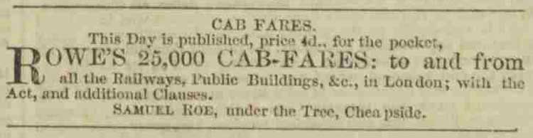 The advert for Rowe's Cab Fares.