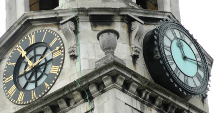 The clock faces of the church of St George The Martyr.